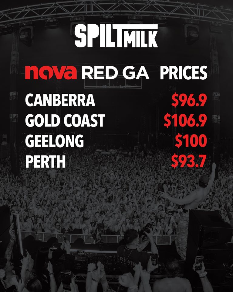 Nova Red GA promo featuring Spilt Milk festival stage with Lewis Capaldi, Raye, and Baby Keem.